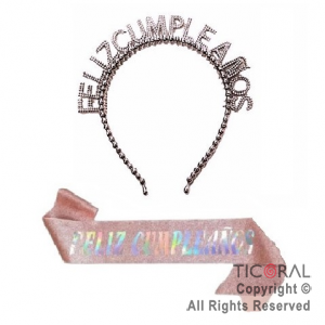 SET VINCHA PLSTICA PERLAS Y BANDA FELIZ CUMPLEAOS GIBRE ROSA GOLD X 1